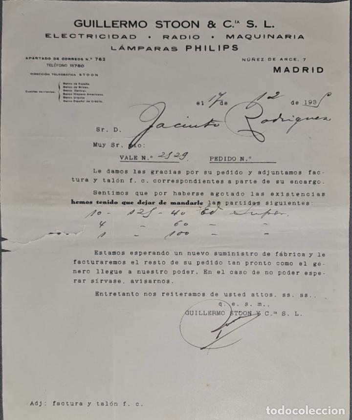 Lettere commerciali: Carta comercial. Guillermo Stoon & C&iacute;a. S.L. Electricidad-Radio-Maquinaria. Madrid. Espa&ntilde;a 1935