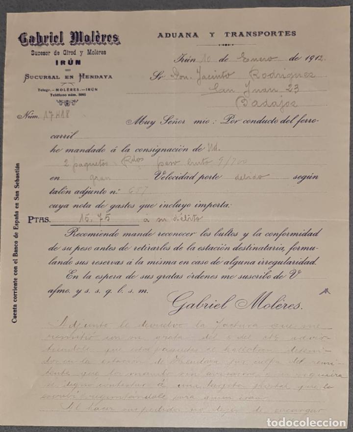 Lettere commerciali: Carta comercial. Gabriel Mol&eacute;res. Sucesor de Girod y M&oacute;leres. Aduana y Transporte. Ir&uacute;n 1912