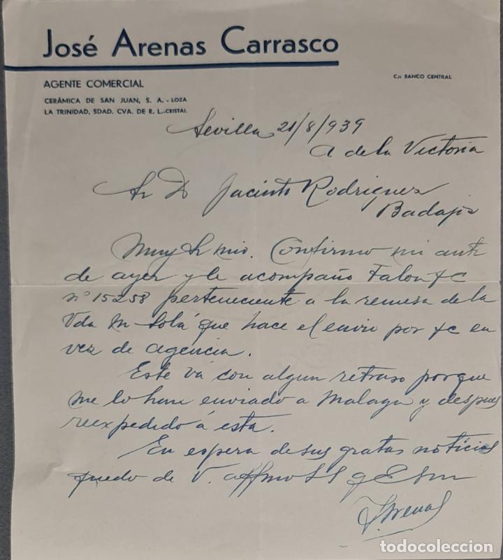 Lettres commerciales: Carta comercial. Jos&eacute; Arenas Carrasco. Agente Comercial. Cer&aacute;mica de San Juan. Sevilla 1939
