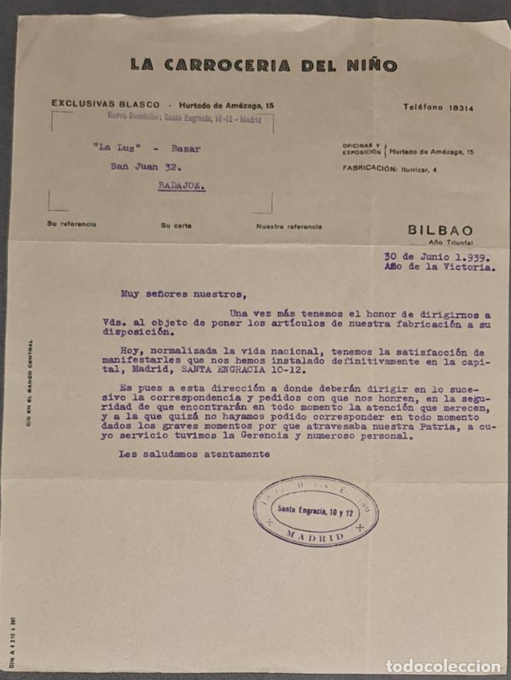 Lettere commerciali: Carta comercial. La Carrocer&iacute;a del ni&ntilde;o. Bilbao. Espa&ntilde;a 1939