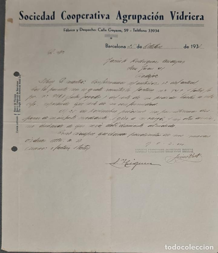 Lettere commerciali: Carta comercial. Sociedad Cooperativa Agrupaci&oacute;n Vidriera. Barcelona. Espa&ntilde;a 1933