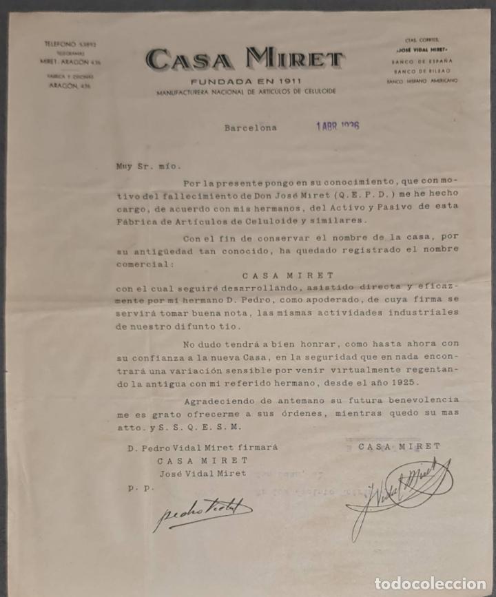 Lettere commerciali: Carta comercial. Casa Miret. Manufacturera Nacional de art&iacute;culos de celuloide. Barcelona 1936