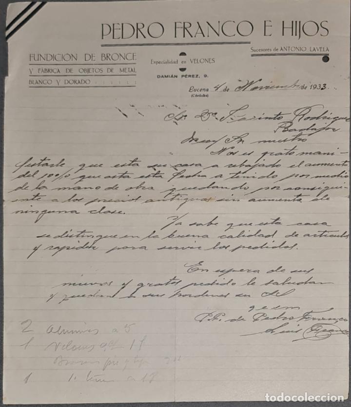 Lettere commerciali: Carta comercial. Pedro Franco e Hijos. Suc. Antonio L&aacute;vela. Fundici&oacute;n bronce. C&oacute;rdoba. Espa&ntilde;a 1933