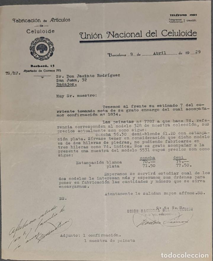 Lettere commerciali: Carta comercial. Uni&oacute;n Nacional del Celuloide.Fabricaci&oacute;n art&iacute;culos celuloide.Barcelona.Espa&ntilde;a 1929