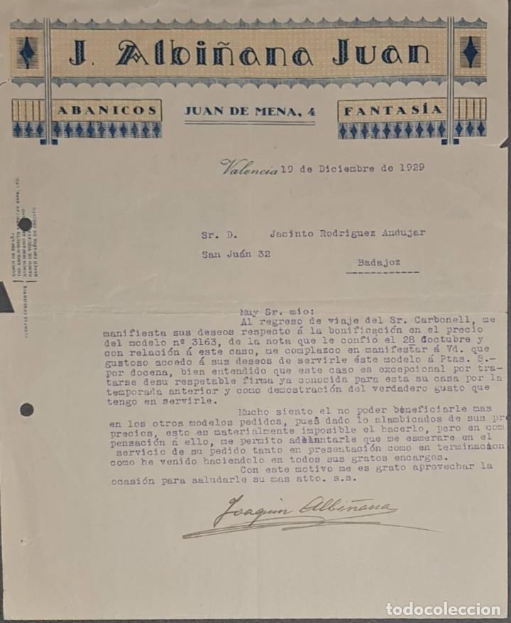 Lettere commerciali: Carta comercial. J. Albi&ntilde;ana Juan. Abanicos de Fantas&iacute;a. Valencia. Espa&ntilde;a 1929