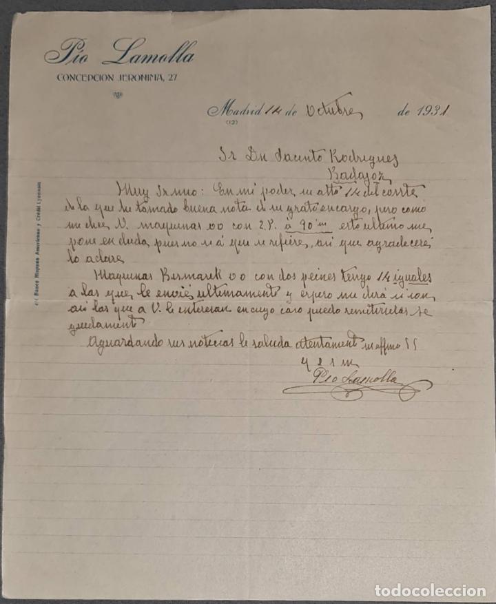 Lettere commerciali: Carta comercial. P&iacute;o Lamolla. Madrid. Espa&ntilde;a 1931