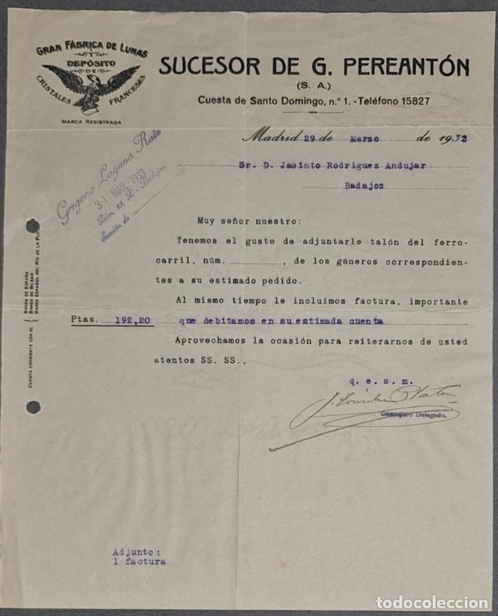 Lettere commerciali: Carta comercial. Sucesor de G. Pereant&oacute;n. Gran F&aacute;brica de lunas. Madrid. Espa&ntilde;a 1933