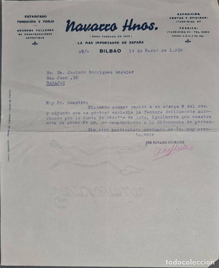 Lettere commerciali: Carta comercial. Navarro Hermanos. Estampado, Fundici&oacute;n y Forja. Bilbao. Espa&ntilde;a 1939