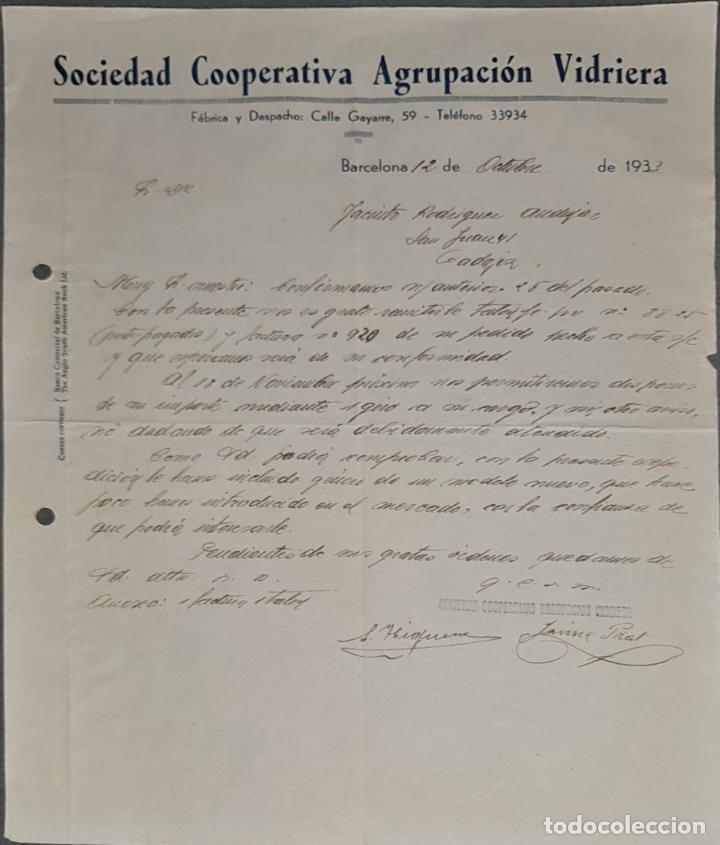 Lettere commerciali: Carta comercial. Sociedad Cooperativa Agrupaci&oacute;n Vidriera. Barcelona. Espa&ntilde;a 1933
