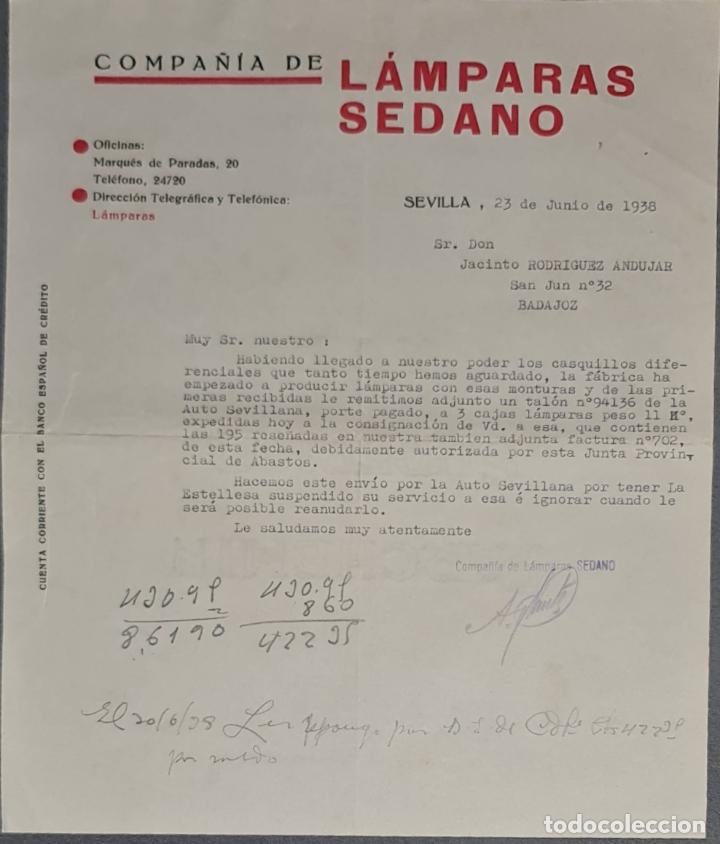 Lettere commerciali: Carta comercial. Compa&ntilde;&iacute;a de l&aacute;mparas Sedano. Sevilla. Espa&ntilde;a 1938