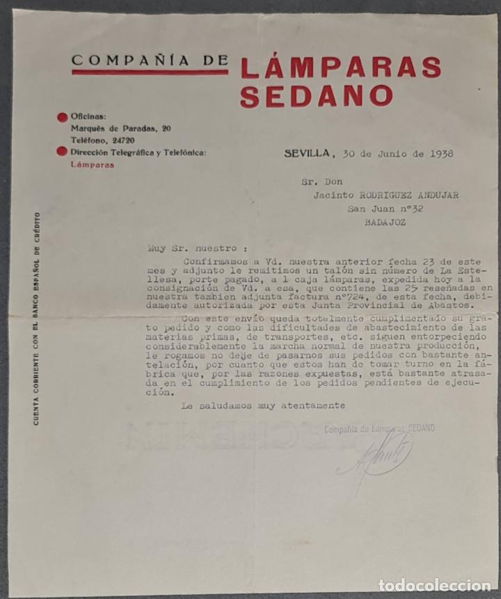 Lettere commerciali: Carta comercial. Compa&ntilde;&iacute;a de l&aacute;mparas Sedano. Sevilla. Espa&ntilde;a 1938
