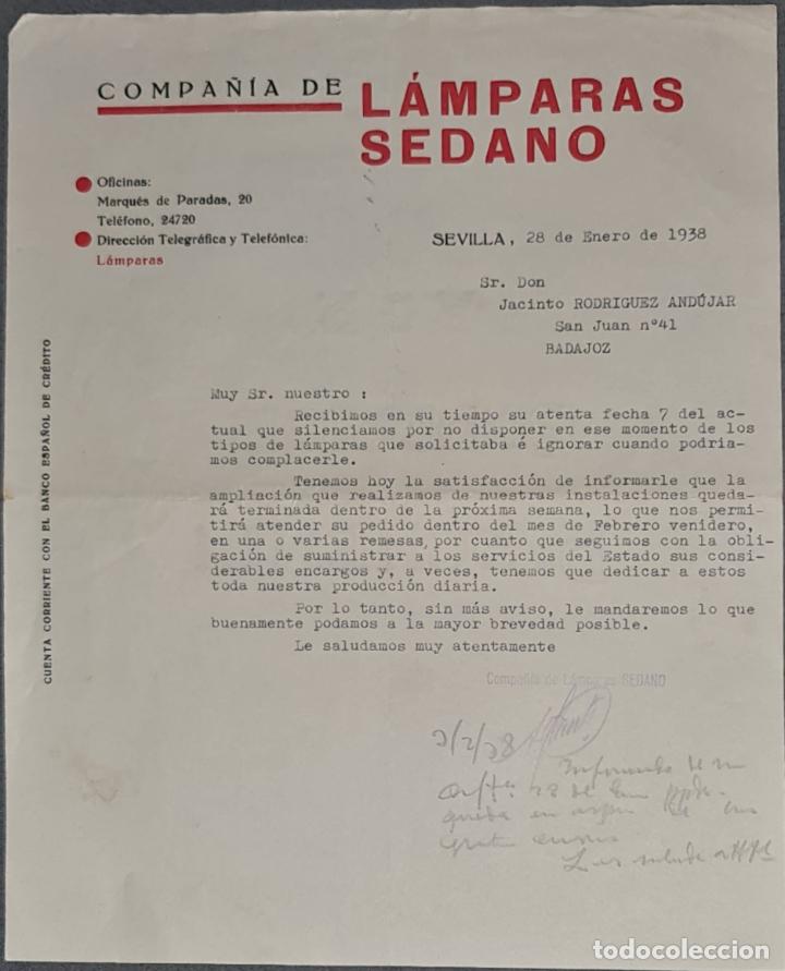 Lettere commerciali: Carta comercial. Compa&ntilde;&iacute;a de l&aacute;mparas Sedano. Sevilla. Espa&ntilde;a 1938
