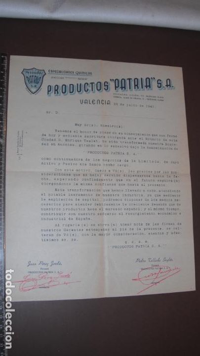 Lettere commerciali: CARTA COMERCIAL , PRODUCTOS PATRIA, S.A., VALENCIA 1941