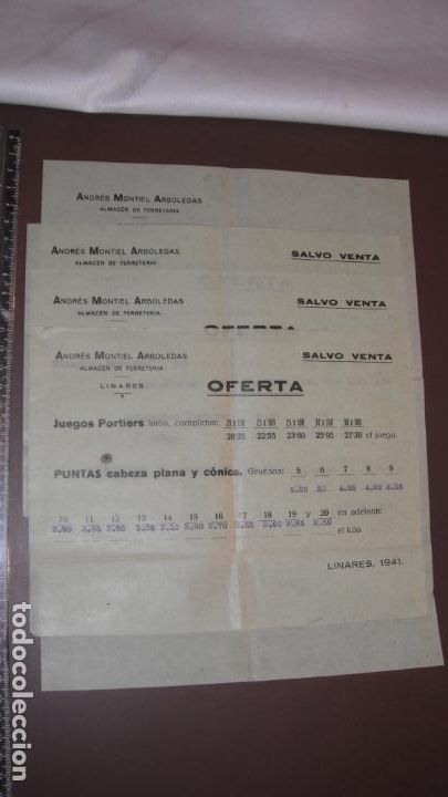 Lettere commerciali: CATALOGO DE PRECIOS ANDRES MONTIEL ARBOLEDAS, LINARES, 1941