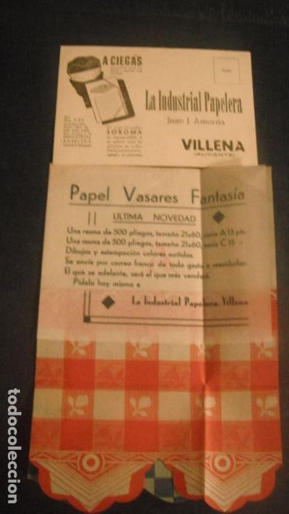 Lettere commerciali: CARTA COMERCIAL LA INDUSTRIA PAPELERA, DE VILLENA (ALICANTE) CON MUESTRAS DE PAPEL 1930 APROX.