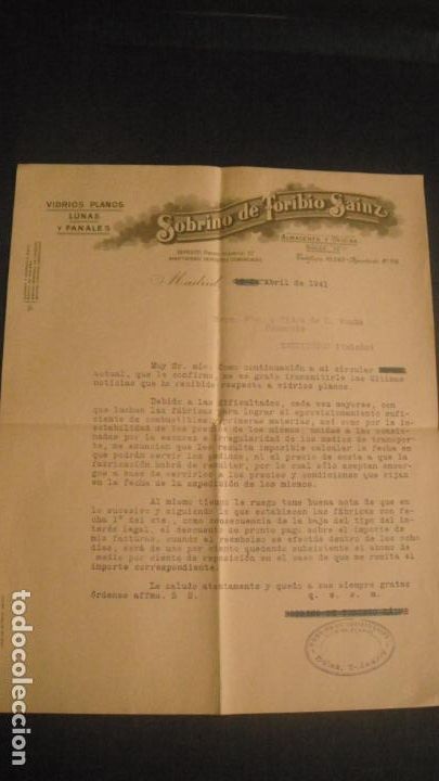 Lettres commerciales: CARTA COMERCIAL, SOBRINO DE TORIBIO SAINZ , FABRICA DE VIDRIOS PLANOS 1941