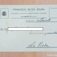 Cartas comerciales: TARJETA FACTURA FRANCISCO REYES SOUSA, PESCADOS FRESCOS Y MARISCOS. AYAMONTE HUELVA. 1934. Lote 253812565