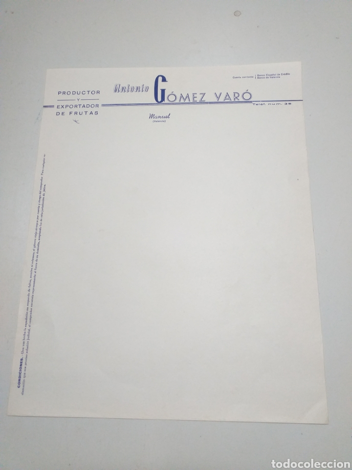 Commercial Letters: Folio no usado con membrete empresa productora y exportadora de fruta a&ntilde;os 50. Banco de Valencia