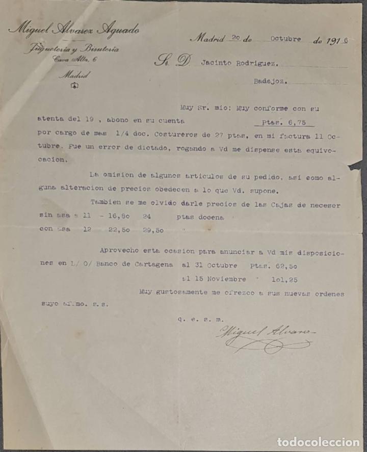Lettere commerciali: Carta comercial. Miguel Alvarez Aguado. Jugueter&iacute;a y Bisuter&iacute;a. Madrid. Espa&ntilde;a 1916