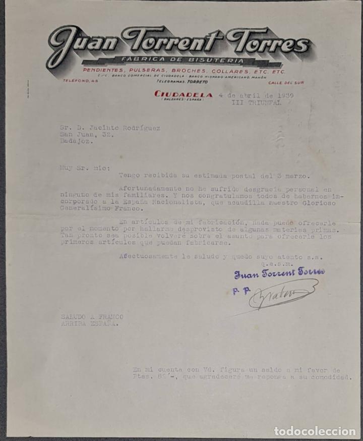 Cartas comerciales: Carta comercial. Juan Torrent Torres. F&aacute;brica de bisuter&iacute;a. Ciudadela. Espa&ntilde;a 1939