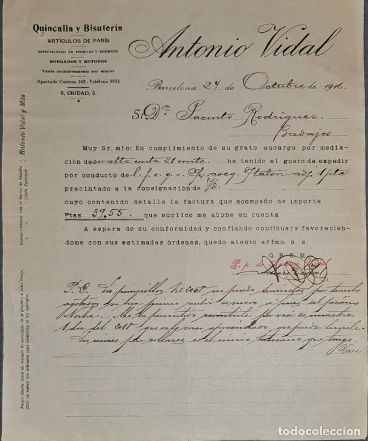 Cartas comerciales: Carta comercial. Antonio Vidal. Quincalla y Bisuter&iacute;a. Barcelona. Espa&ntilde;a 1916