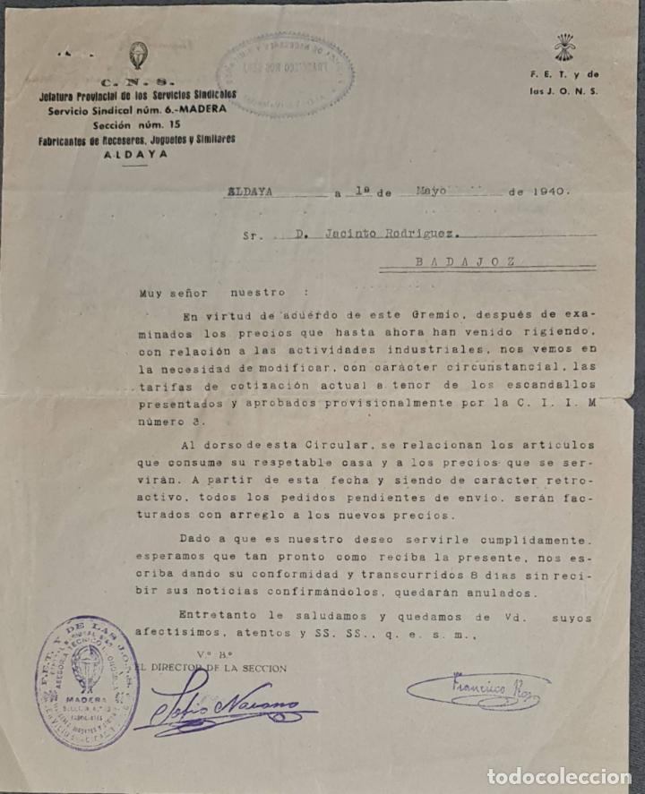 Cartas comerciales: Carta comercial. C.N.S. Jefatura Provincial Servicios Sindicales. Madera. Aldaya. Espa&ntilde;a 1940