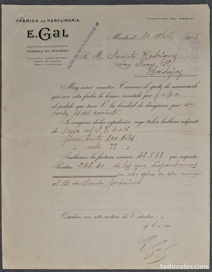 Cartas comerciales: Carta comercial. E. Gal. F&aacute;brica de Perfumer&iacute;a. Madrid. Espa&ntilde;a 1915