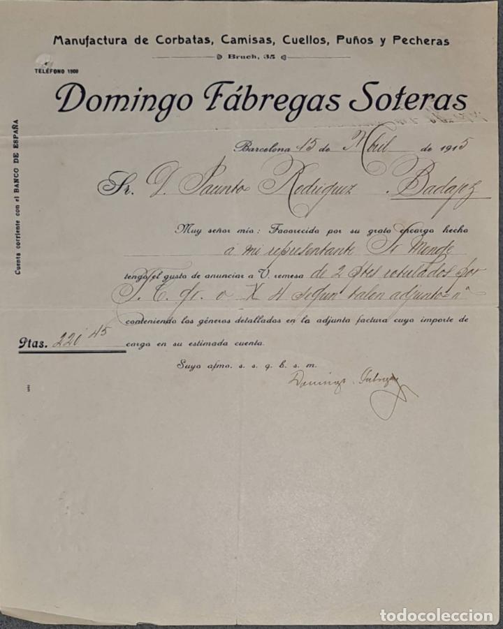 Cartas comerciales: Carta comercial. Domingo F&aacute;bregas Soteras. Manufactura de corbatas camisas, cuellos. Barcelona 1915