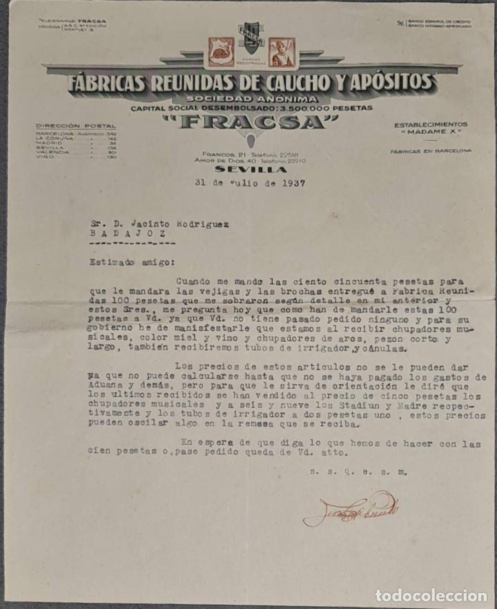 Cartas comerciales: Carta comercial. Fracsa. F&aacute;bricas Reunidas de caucho y ap&oacute;sitos. Sevilla. Espa&ntilde;a 1937