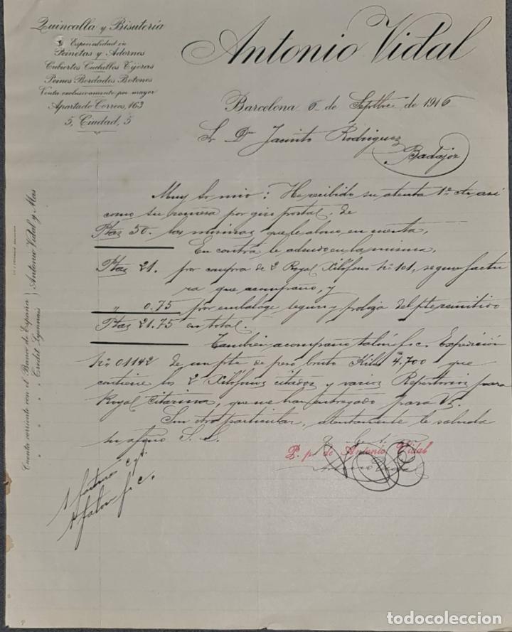 Cartas comerciales: Carta comercial. Antonio Vidal. Quincalla y Bisuter&iacute;a. Barcelona. Espa&ntilde;a 1916