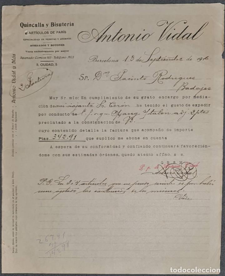 Cartas comerciales: Carta comercial. Antonio Vidal. Quincalla y Bisuter&iacute;a. Barcelona. Espa&ntilde;a 1916