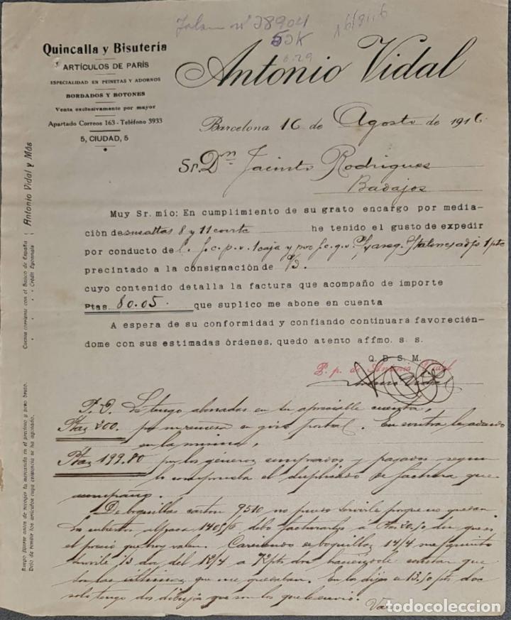 Cartas comerciales: Carta comercial. Antonio Vidal. Quincalla y Bisuter&iacute;a. Barcelona. Espa&ntilde;a 1916