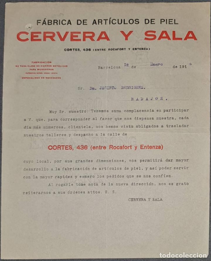 Cartas comerciales: Carta comercial. Cervera y Sala. F&aacute;brica art&iacute;culos de piel. Barcelona. Espa&ntilde;a 1916
