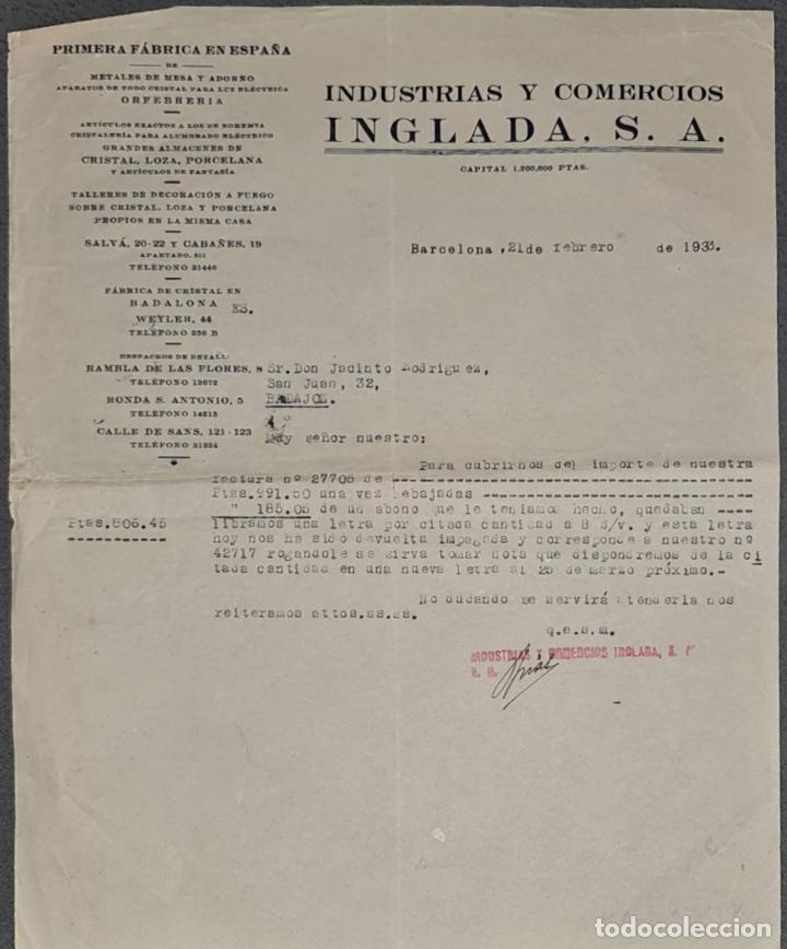 Cartas comerciales: Carta comercial. Inglada S.A. Industrias y Comercios. Barcelona. Espa&ntilde;a 1933