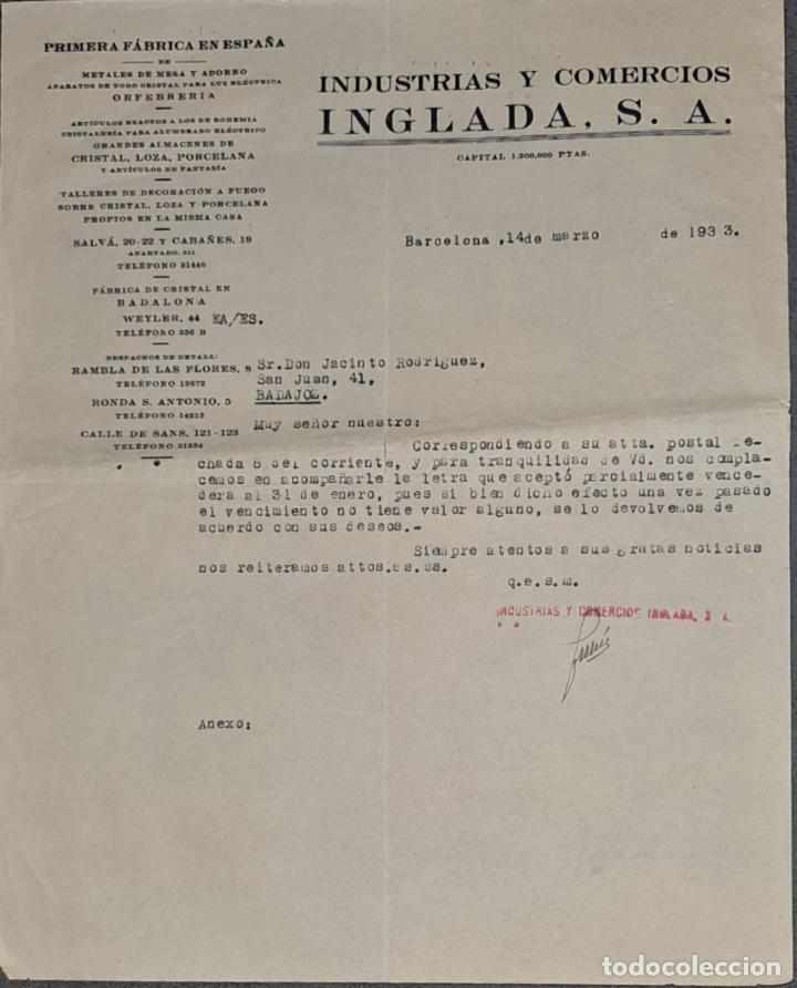 Cartas comerciales: Carta comercial. Inglada S.A. Industrias y Comercios. Barcelona. Espa&ntilde;a 1933