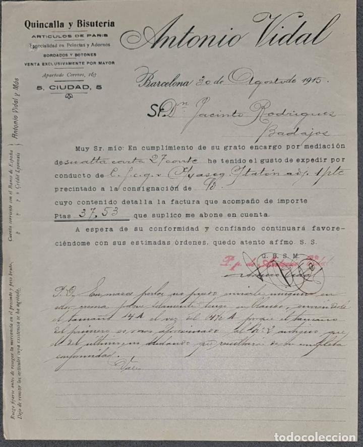 Cartas comerciales: Carta comercial. Antonio Vidal. Quincalla y Bisuter&iacute;a. Barcelona. Espa&ntilde;a 1915