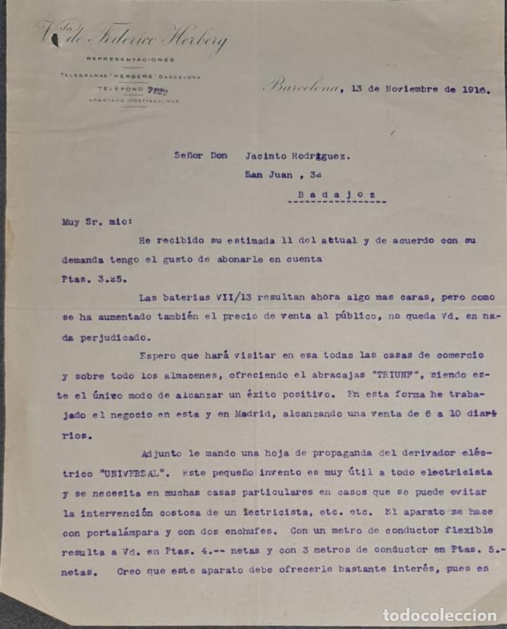 Cartas comerciales: Carta comercial. Vda. de Federico Herberg. Representaciones Extranjeras. Barcelona. Espa&ntilde;a 1916