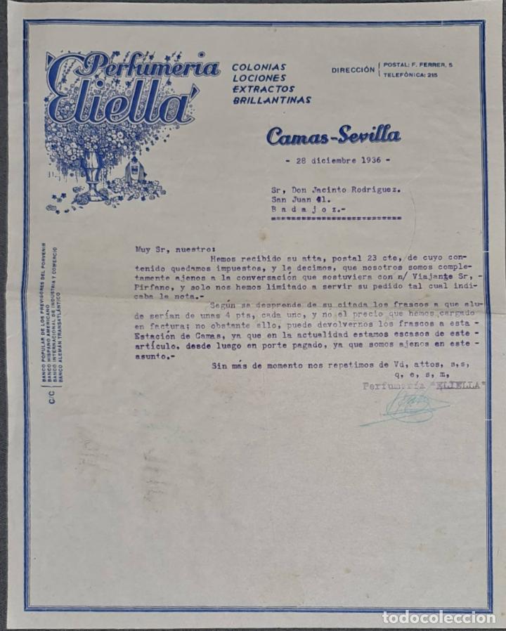 Cartas comerciales: Carta comercial. Perfumer&iacute;a Eliella. Colonias y Lociones. Camas. Sevilla. Espa&ntilde;a 1936