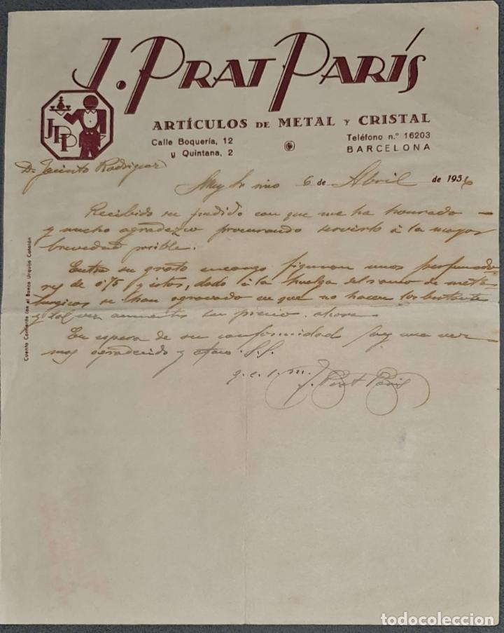 Cartas comerciales: Carta comercial. J. Prat Par&iacute;s. Art&iacute;culos de metal y cristal. Barcelona. Espa&ntilde;a 1956