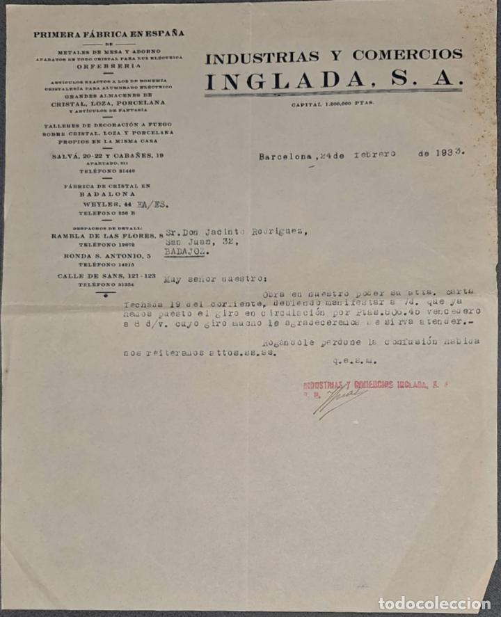 Cartas comerciales: Carta comercial. Inglada S.A. Industrias y Comercios. Barcelona. Espa&ntilde;a 1933