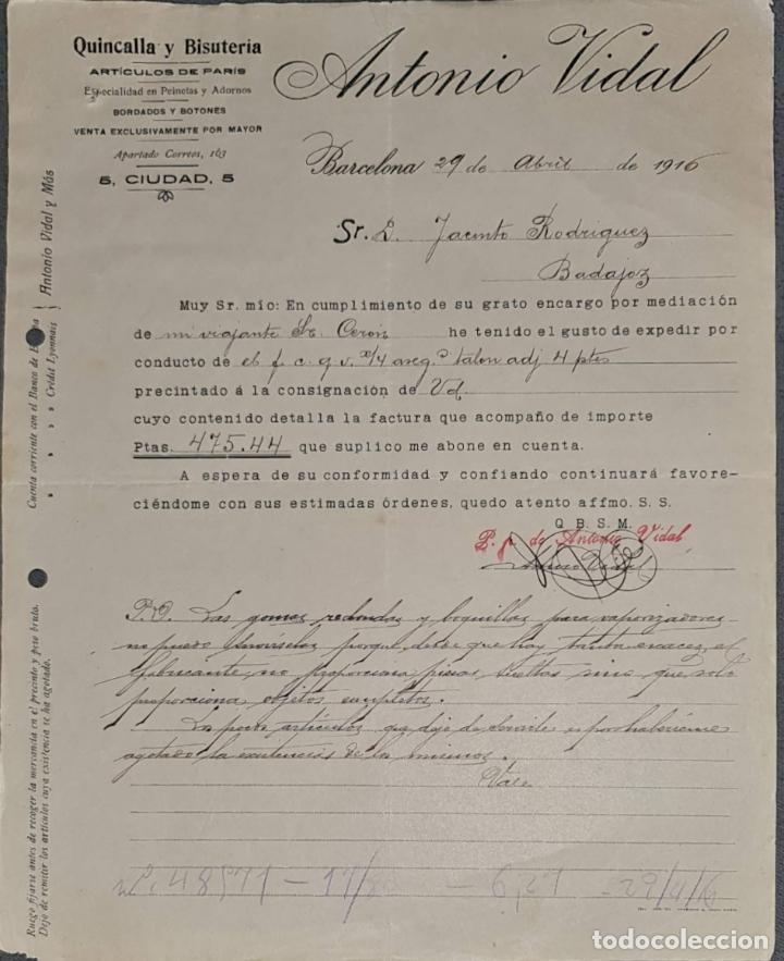 Cartas comerciales: Carta comercial. Antonio Vidal. Quincalla y Bisuter&iacute;a. Barcelona. Espa&ntilde;a 1916