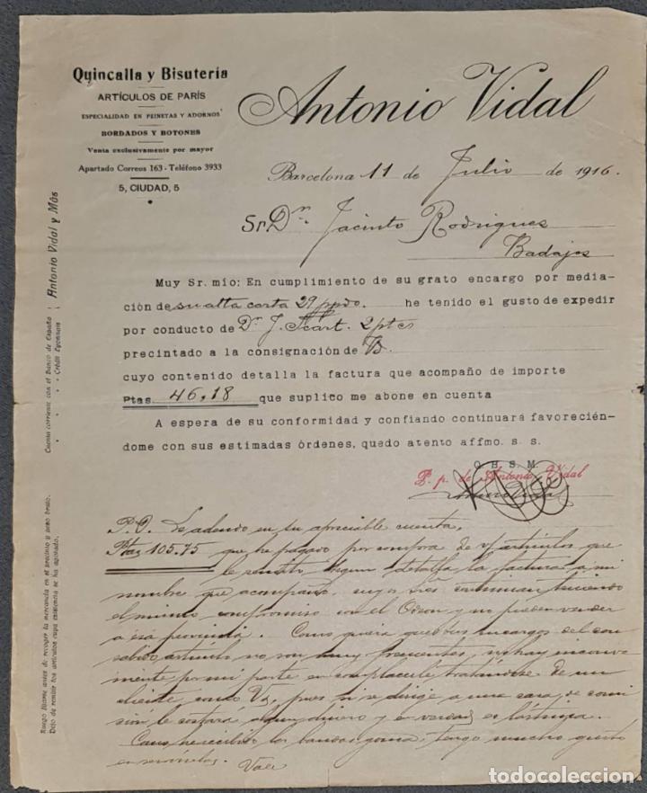 Cartas comerciales: Carta comercial. Antonio Vidal. Quincalla y Bisuter&iacute;a. Barcelona. Espa&ntilde;a 1916