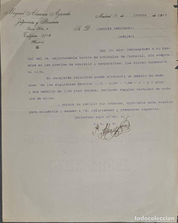 Cartas comerciales: Carta comercial. Miguel Alvarez Aguado. Jugueter&iacute;a y Bisuter&iacute;a. Madrid. Espa&ntilde;a 1916