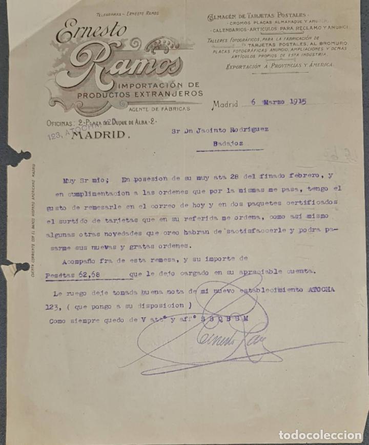 Cartas comerciales: Carta comercial. Ernesto Ramos. Importaci&oacute;n de productos Extranjeros. Madrid. Espa&ntilde;a 1915