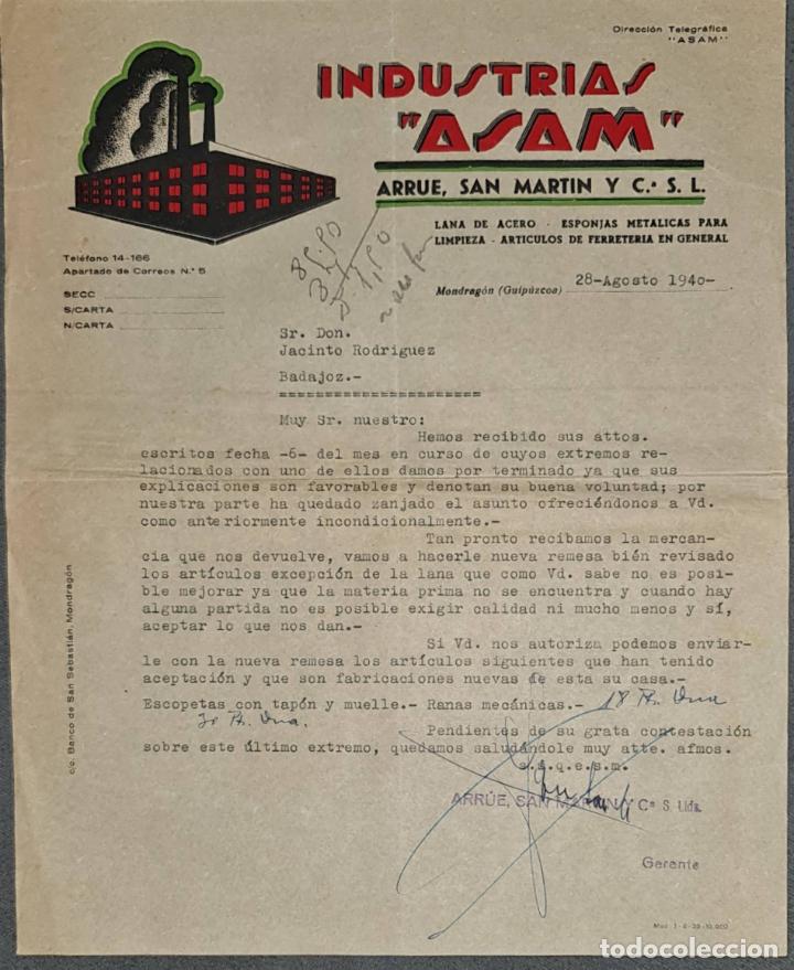 Cartas comerciales: Carta comercial. Industrias Asam. Arr&uacute;e y San Mart&iacute;n S.L. Lana de acero. Guip&uacute;zcoa. Espa&ntilde;a 1940