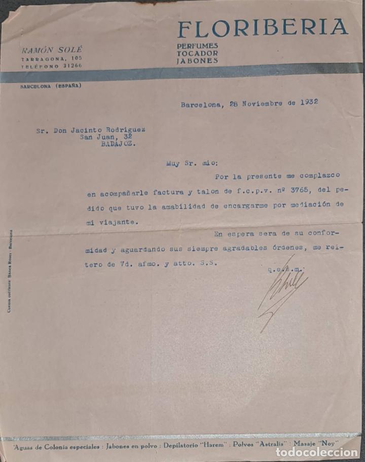 Cartas comerciales: Carta comercial. Ram&oacute;n Sol&eacute;. Floriberia. Perfumes, tocador y jabones. Barcelona. Espa&ntilde;a 1932