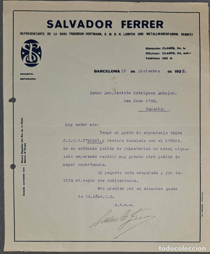 Cartas comerciales: Carta comercial. Salvador Ferrer. Representante de Fiedrich Hoffmann. Barcelona. Espa&ntilde;a 1923