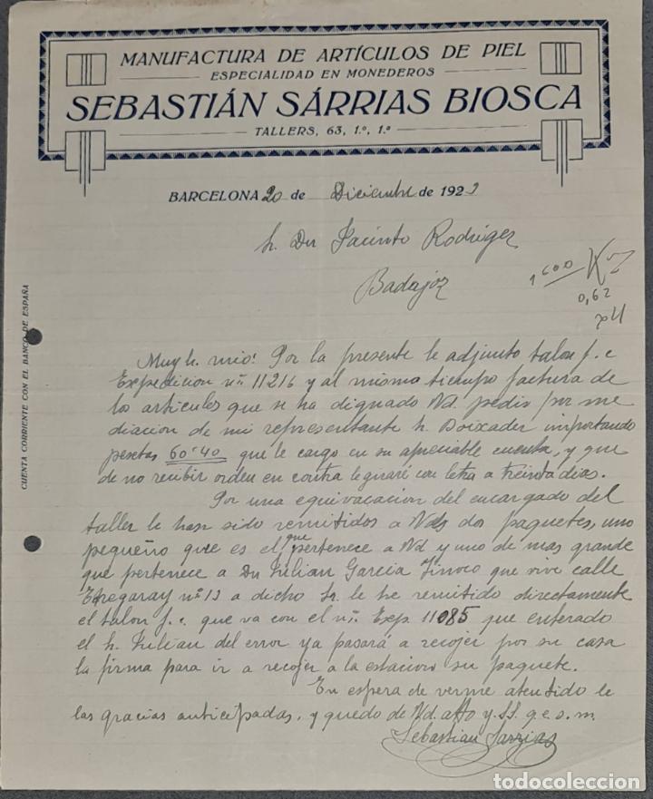 Cartas comerciales: Carta comercial. Sebasti&aacute;n S&aacute;rrias Biosca. Manufactura art&iacute;culos piel. Barcelona. Espa&ntilde;a 1923