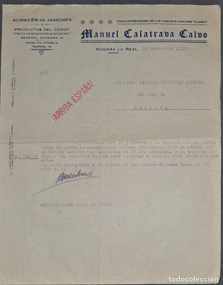 Cartas comerciales: Carta comercial. Manuel Calatrava Calvo. Almac&eacute;n de jamones. Badajoz. Espa&ntilde;a 1938