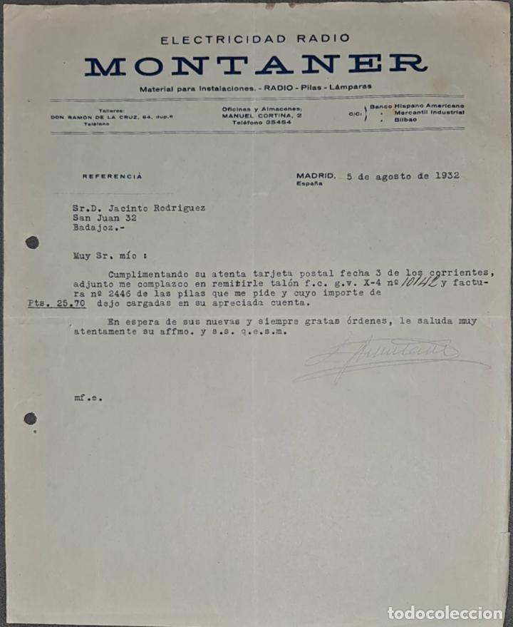 Cartas comerciales: Carta comercial. Montaner. Electricidad Radio. Madrid. Espa&ntilde;a 1932